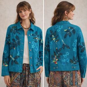 Chicos Boho Artsy Teal Palm Leaf Parrot Embroidered Denim Jacket Size 1 Medium